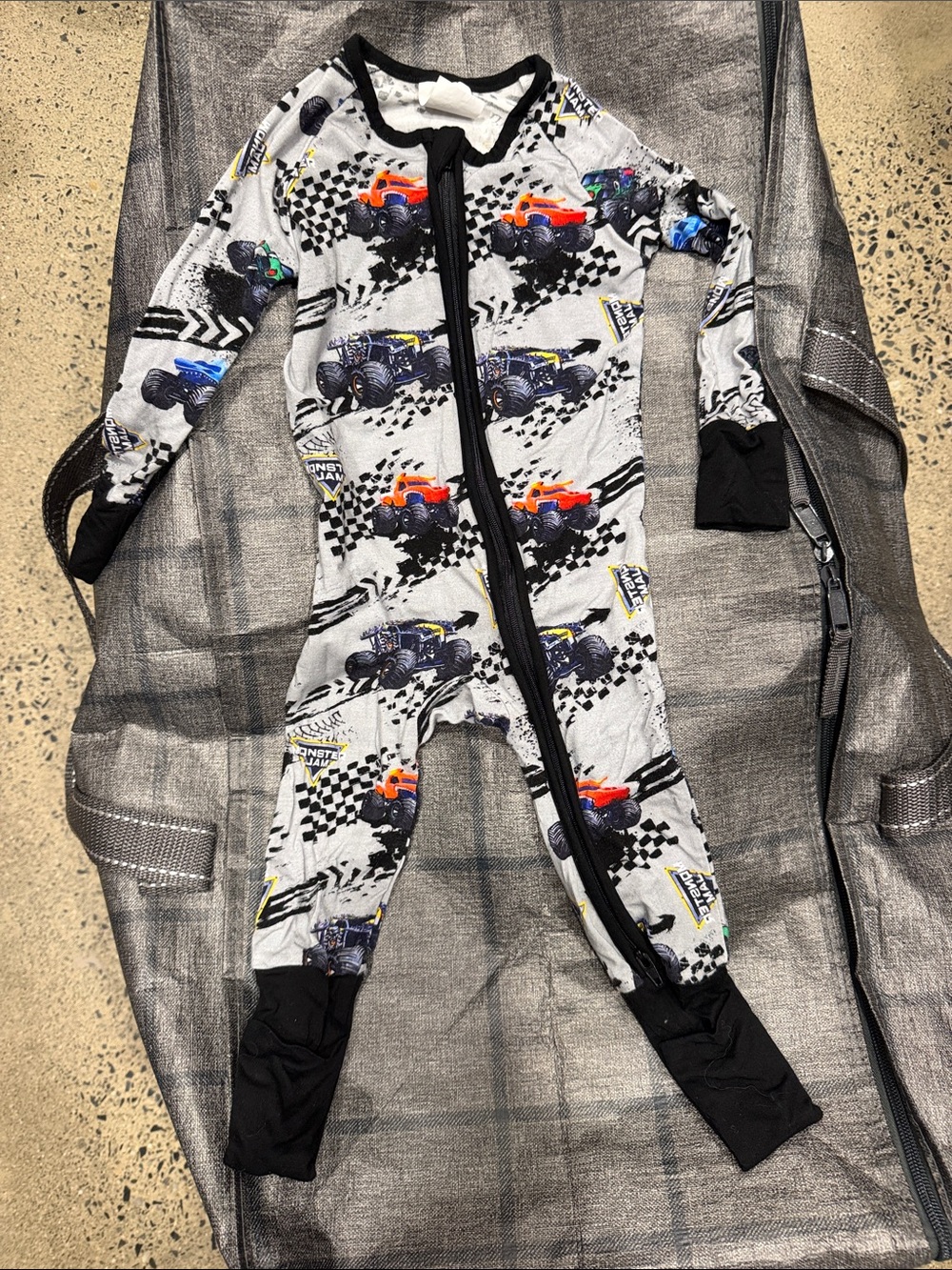 Kids Monster Truck One-Piece Zipper Pajama - Gray with Black Trim